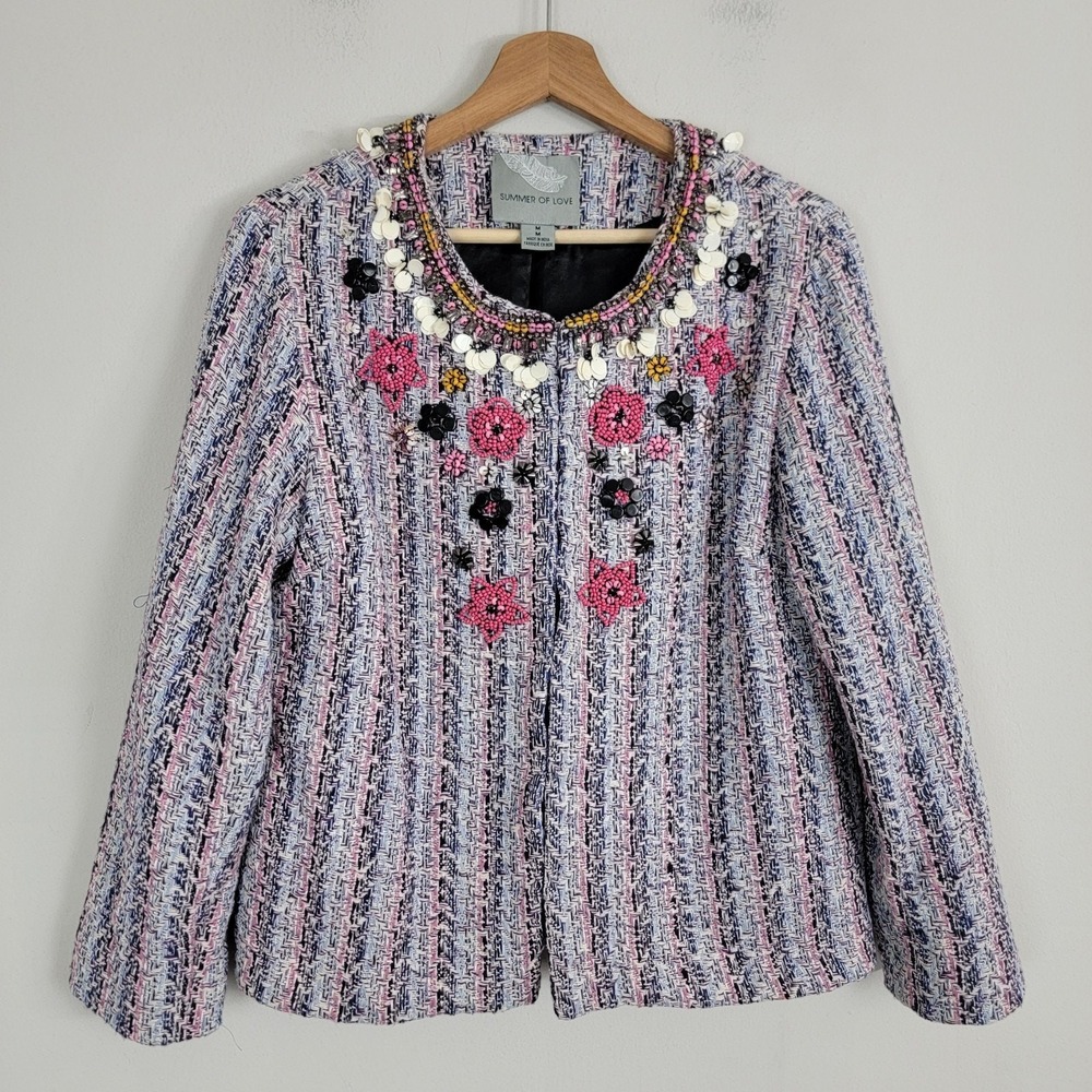 Anthropologie Summer of Love Embellished Tweed Jacket Blazer Womens M Boho READ!
